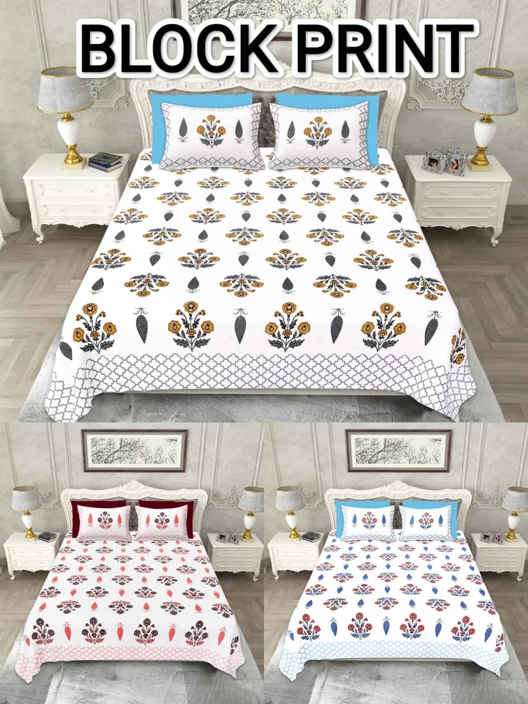 White with blue and mustard floral — White with blue and mustard floral