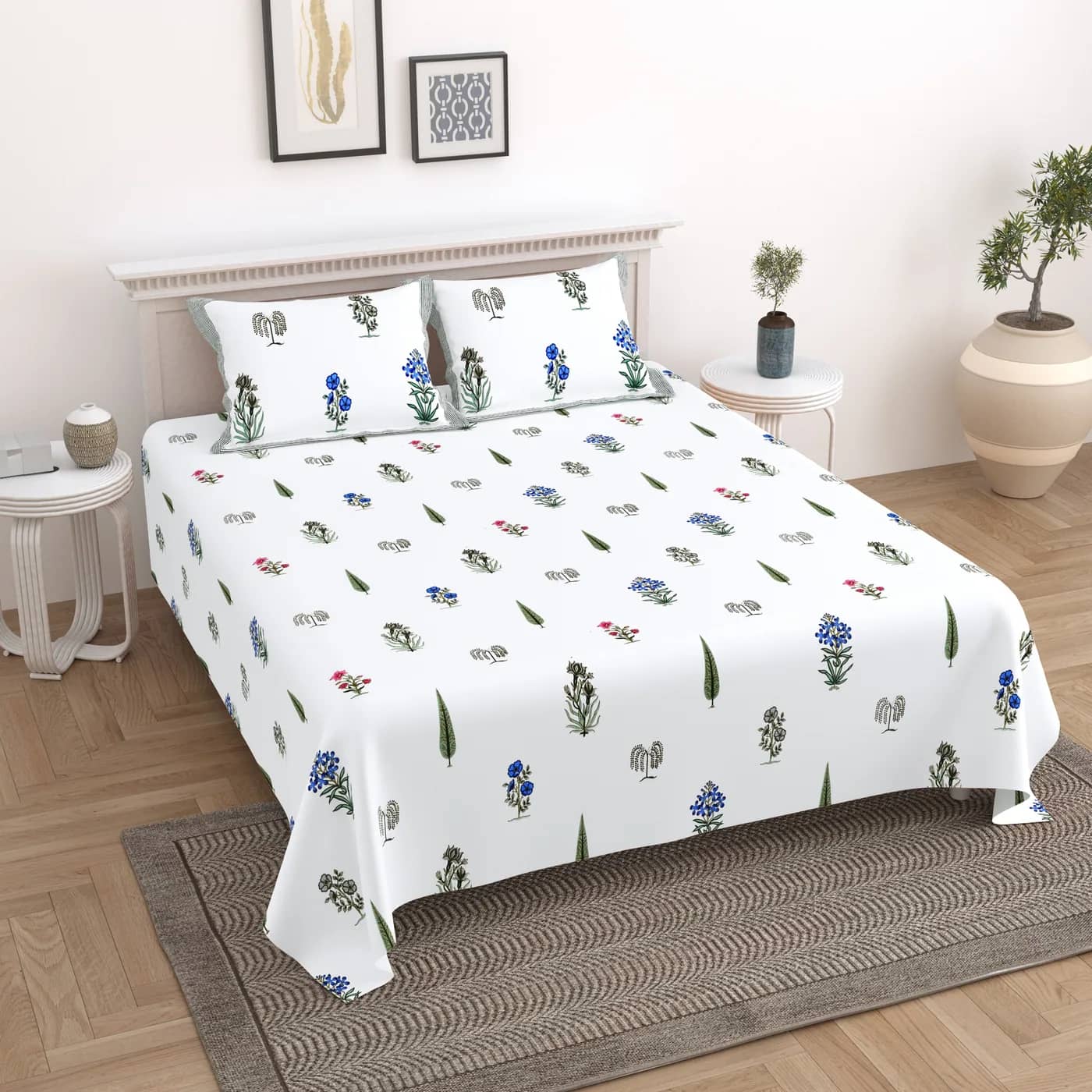 White with blue and green floral — White with blue and green floral