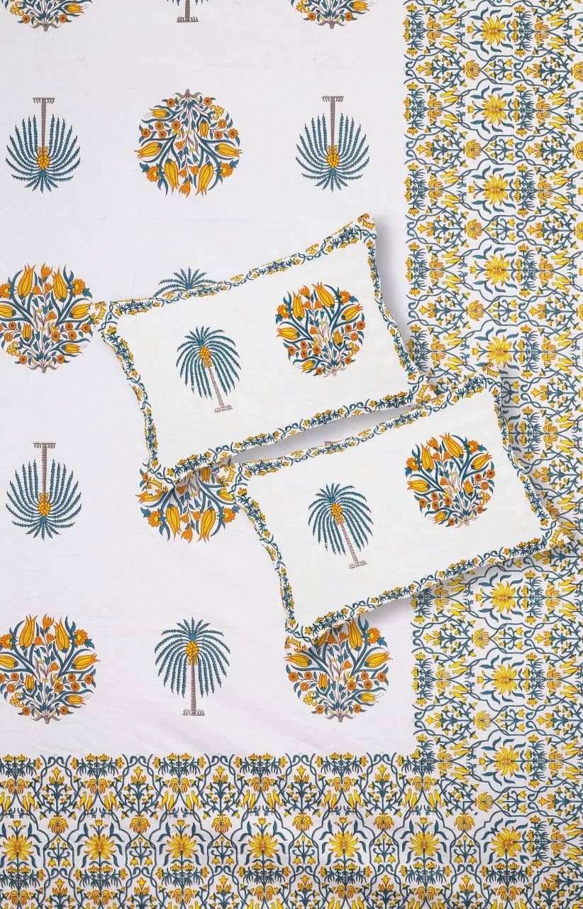White with blue and mustard floral — White with blue and mustard floral