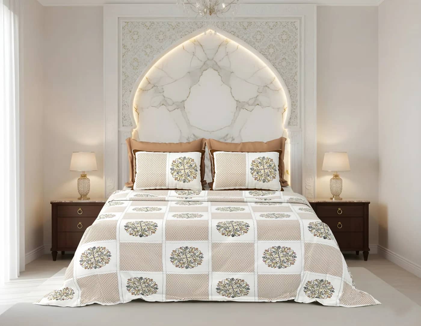 White with brown geometric in White with brown geometric — full view