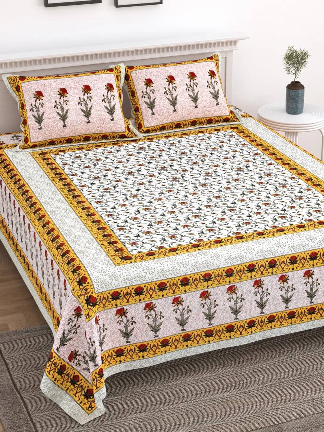 White with multicolor floral border in White with multicolor floral border — full view