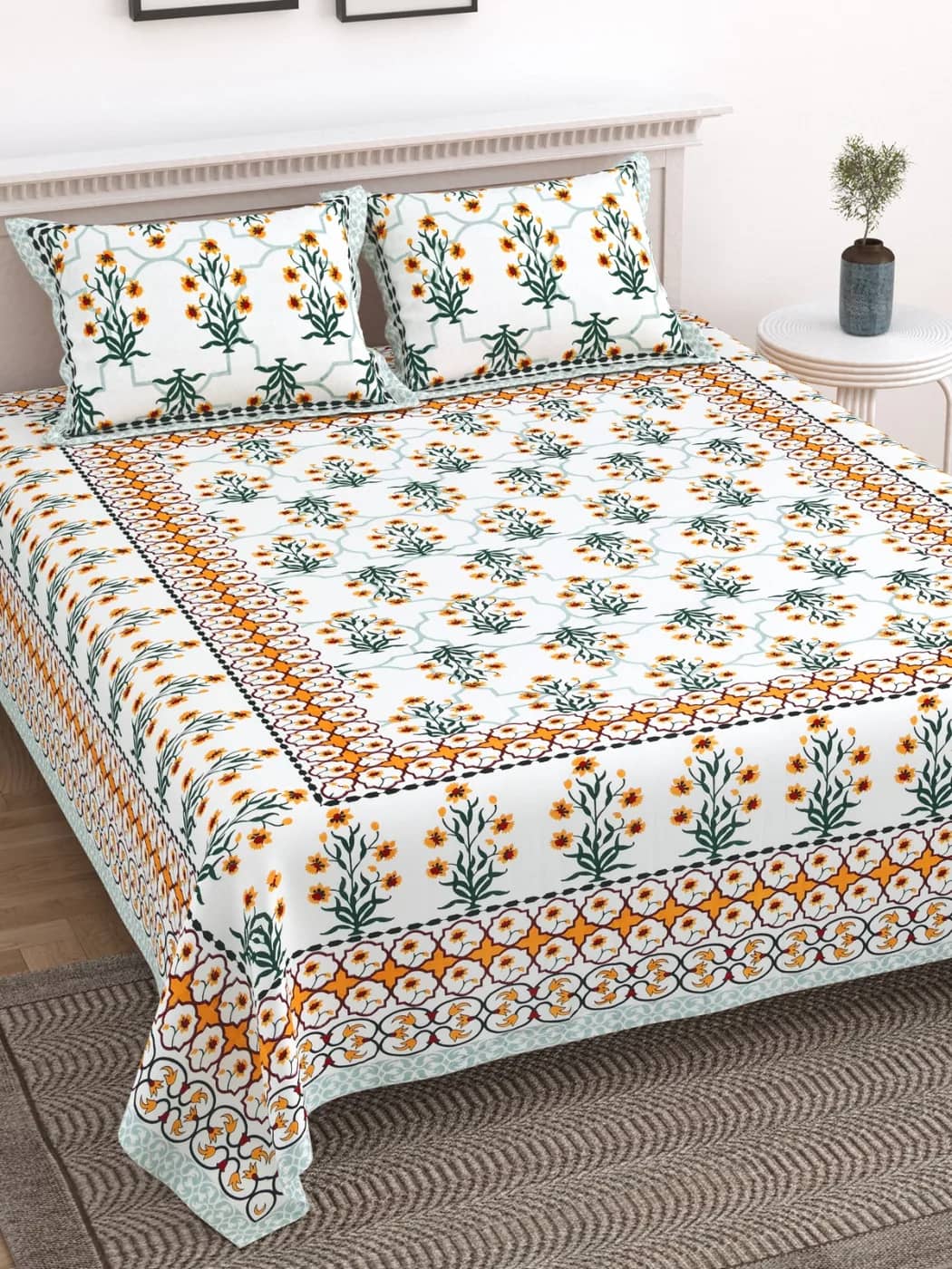White with orange and teal floral — White with orange and teal floral