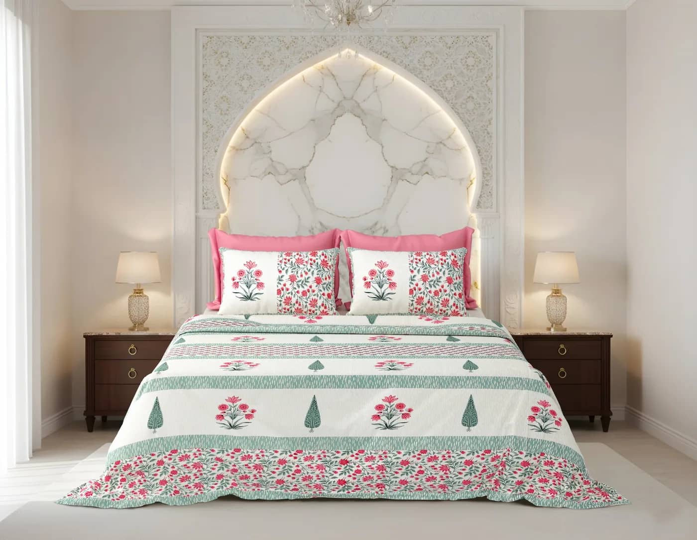 White with pink and green floral — White with pink and green floral