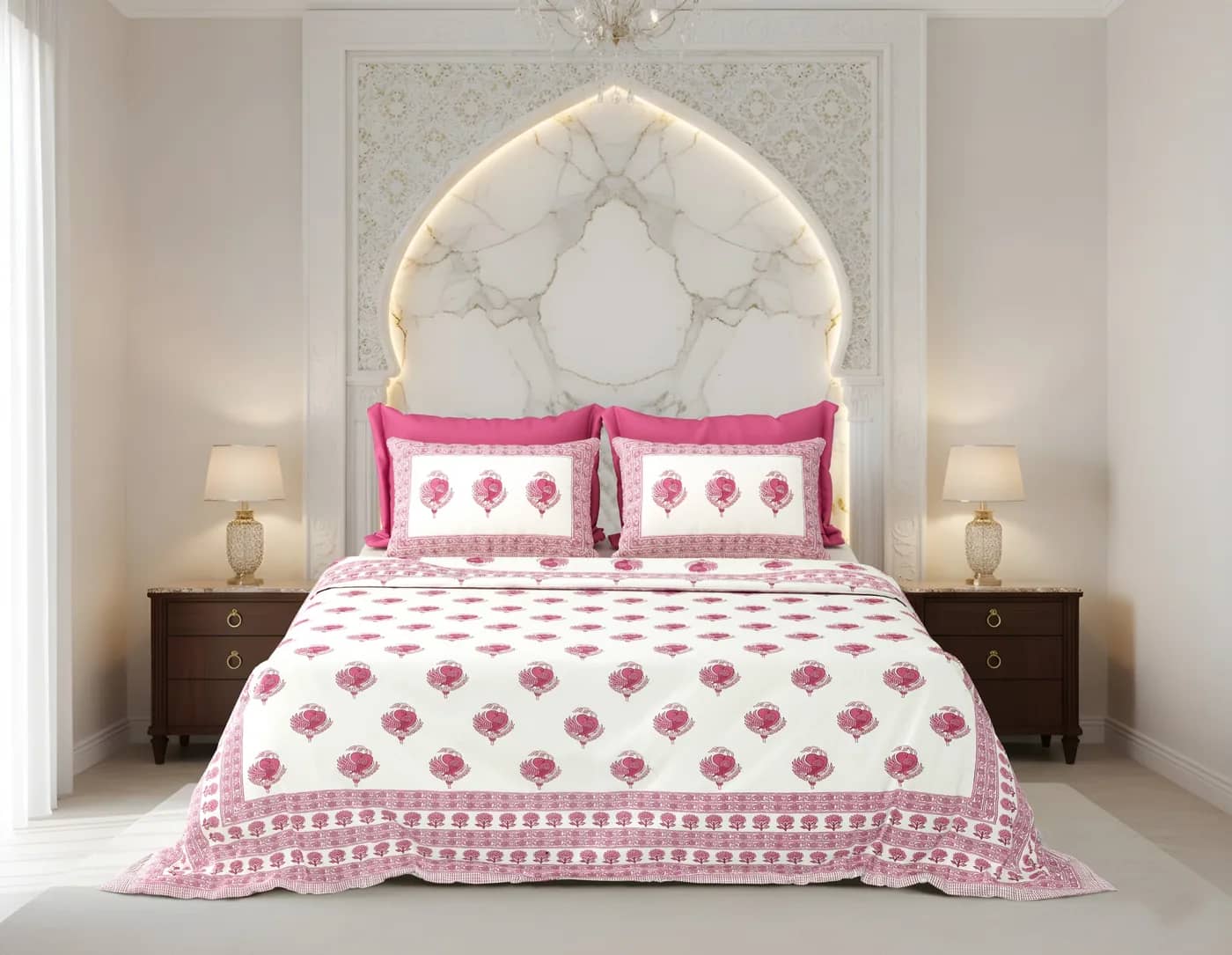 White with pink floral and geometric border — White with pink floral and geometric border